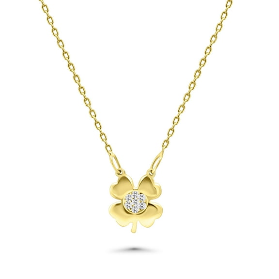 14 Karat Solid Gold Clover Necklace with CZ | Handcrafted Solid Gold Clover Necklace with Cubic Zirconia |Chic Clover Necklace in Solid Gold