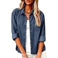 thumbnail image 2 of Tqyyweavej Women Denim Shirts Button Down Loose Fit Long Sleeve Jacket Lounge Solid Color Lapel V Neck Jean Tops with Pockets, 2 of 9