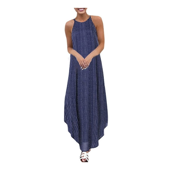 Henpk Summer Dresses for Women Striped T Shirt Dress Casual Midi Dress Short Sleeve Sundress with Pockets Summer Striped Asymmetric Sundress Strap Long Bohemian Dress Blue L