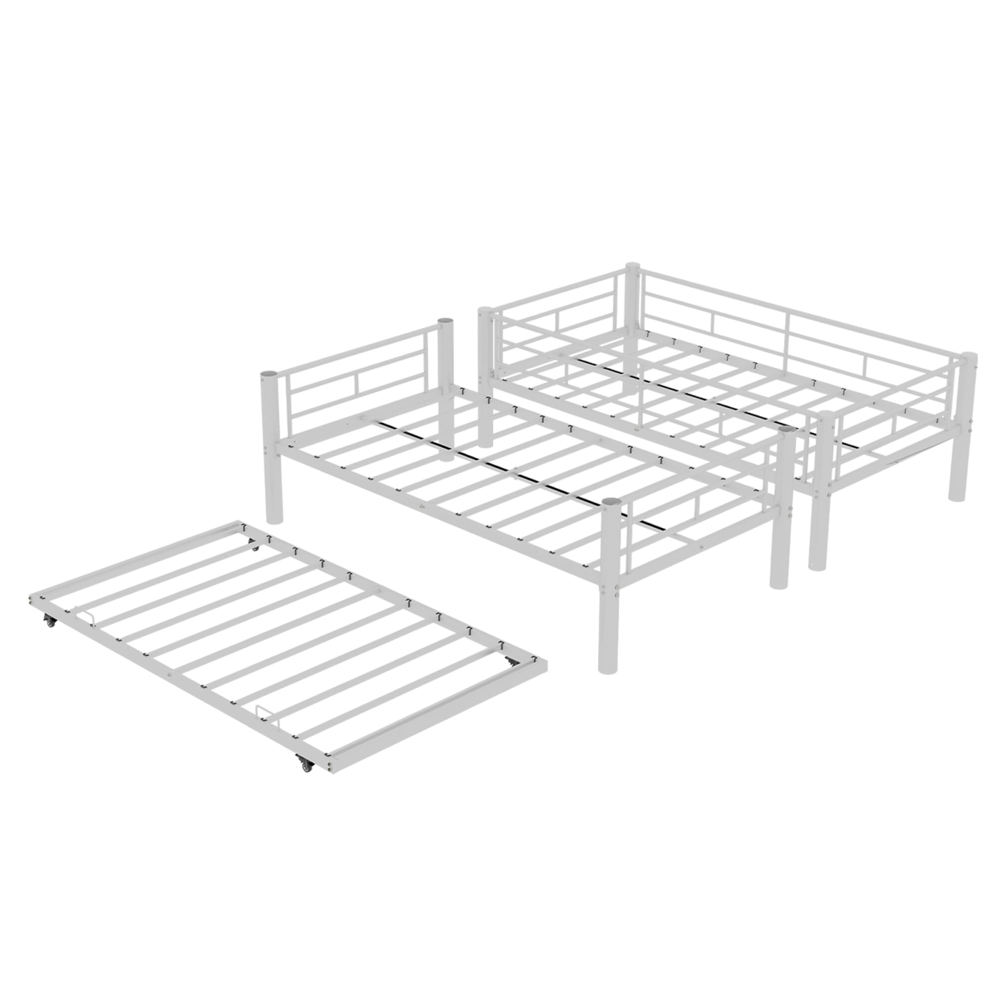 Twin over Twin Size Bunk Bed with Trundle, Heavy Duty Metal Bunk Bedframe with Ladder and Guardrails, Detachable Bunk Beds for Boys Girls