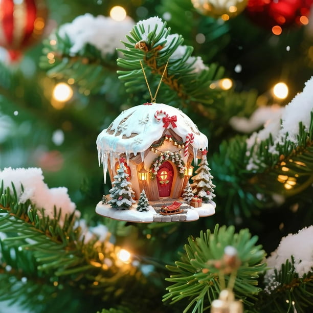 Ireezec Christmas Ornament Hanging Decorations, Acrylic Hou Winter Snowy Scenery Holiday Tree Decor for Home Party Festival Gift Decoration
