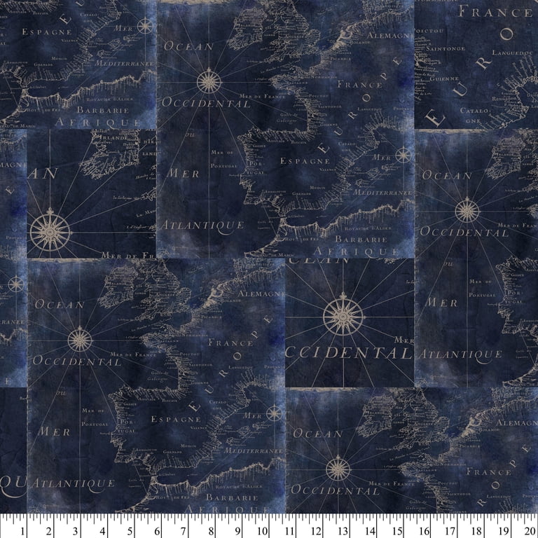 1 Yard 100% Cotton Nautical Map, Blue, 44 1 Yard 100% Cotton Nautical Map, Blue, 44