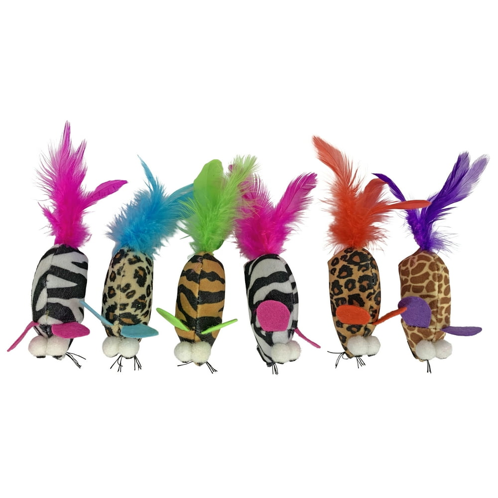 Multipet Feather Mice Plush Catnip Cat Toy, Zebra Print with Pink