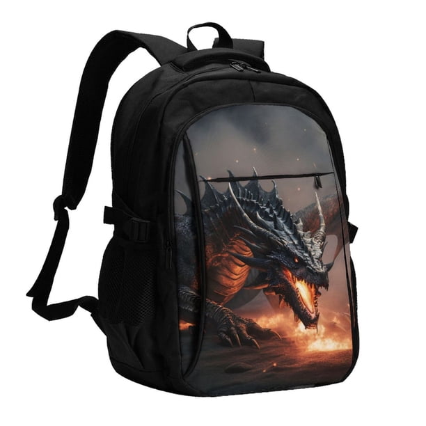 Disketp Fiery Black Dragon Attack Mochila de Viaje Estampada para Laptop con Puerto de Carga USB, Mochila Impermeable para Computadora – Regalo para Hombres y Mujeres