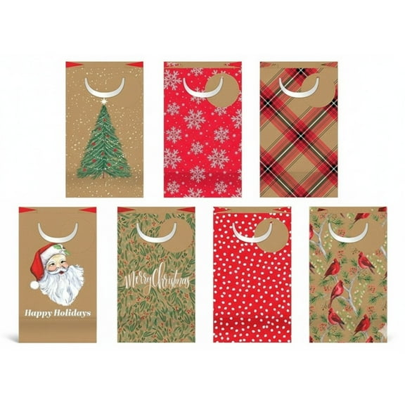 Small Kraft Christmas Print Gift Bags with Satin Handles, 7 Pack