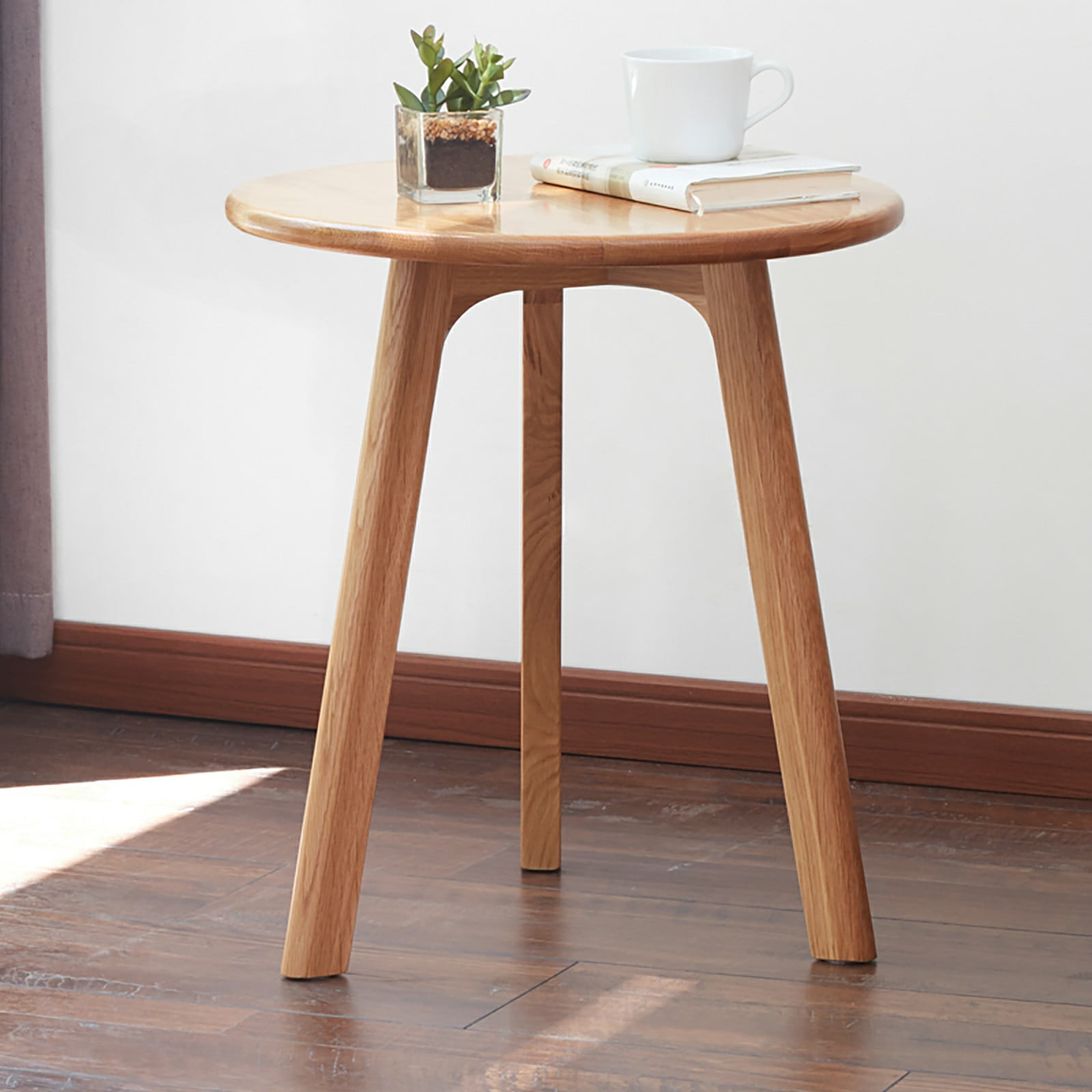 Solid Oak Wood Round Side Table, Minimalist 3-Leg End Table, Multi-Purpose Nightstand Coffee Table Easy to Assemble for Living Room Bedroom Balcony