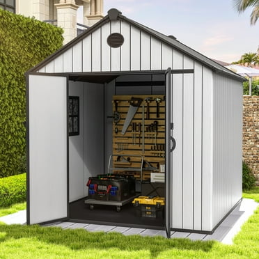 Dextrus Outdoor Resin Storage Shed with Floor & Window, 7.3 x 7.3 ft Weatherproof Outdoor Storage for Tools, Gray