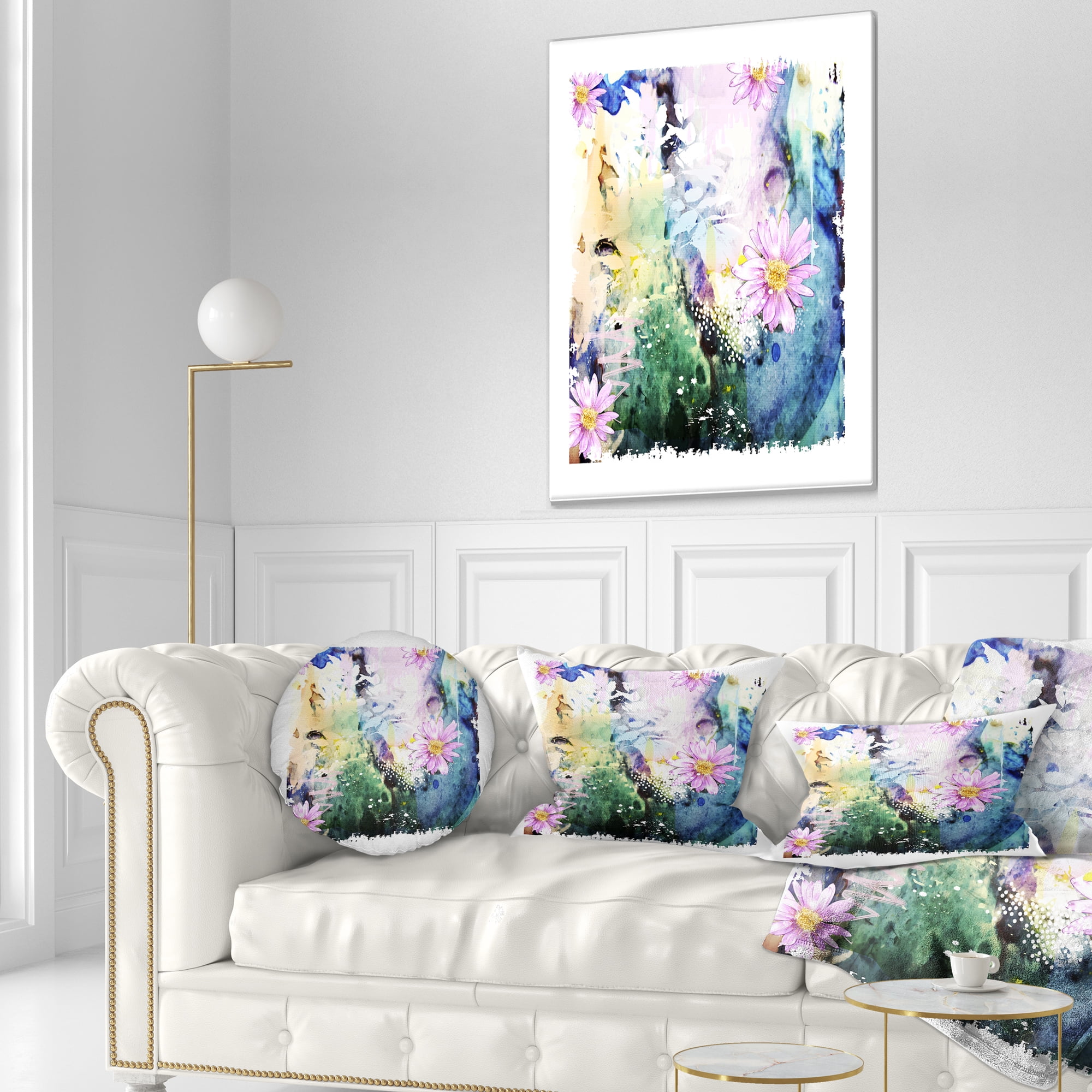 Designart Abstract Blue Pink Floral Art - Floral Throw Pillow - 12x20