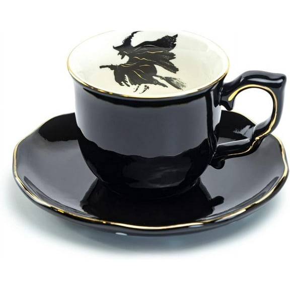 Potter's Studio Halloween Witch Black Gold Tea Cup and Saucer