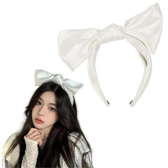 White Bow Headbands for Women French Big White Hair Bows Silky Fabric Design Hair Band Accessories 1Pcs