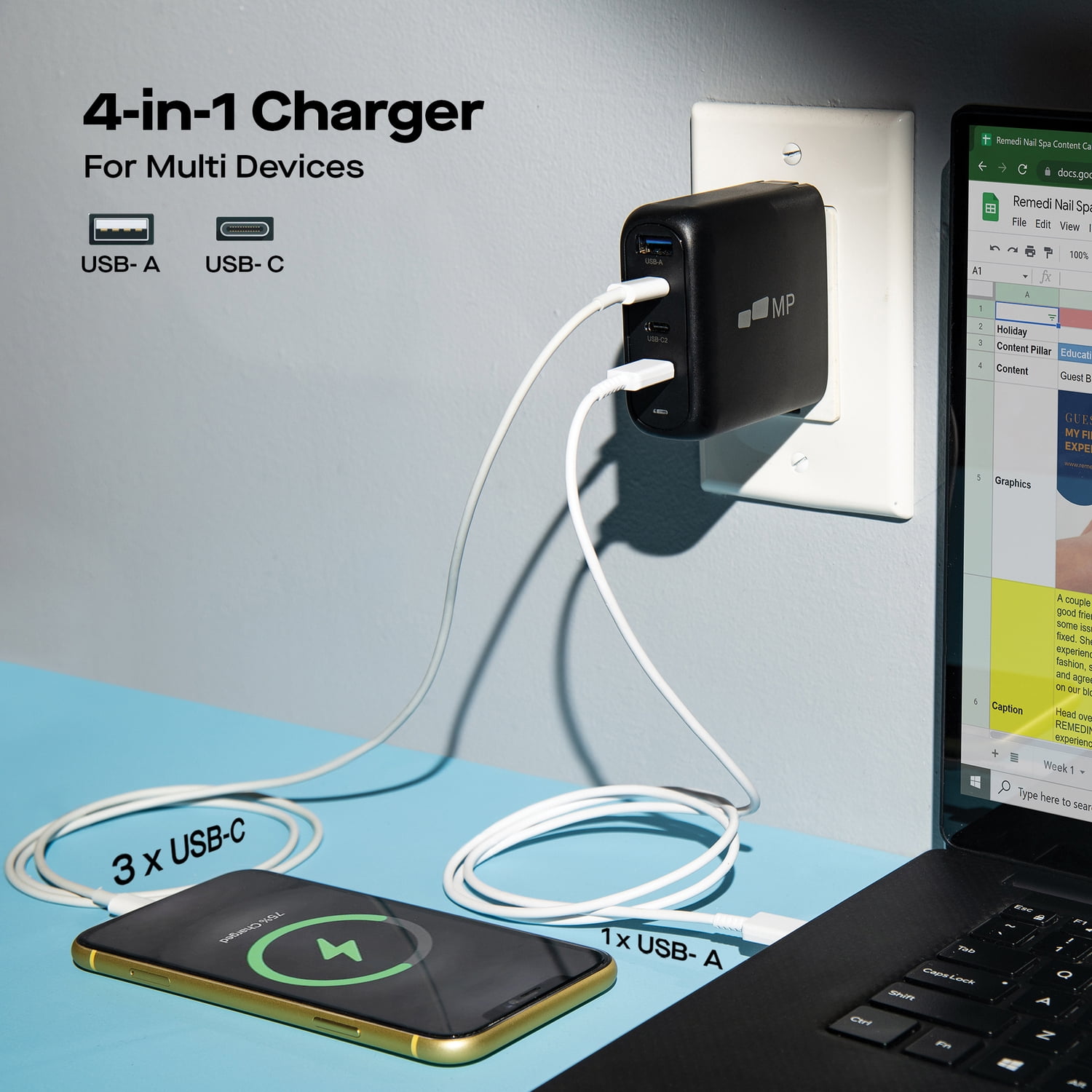 Mobile Pixels 100-Watt USB-C and USB-A Wall Charger, Black, 117-1001P01PT