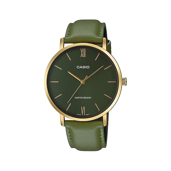 Casio MTP-VT01GL-3B Men's Minimalistic Gold Tone Green Leather Analog Watch