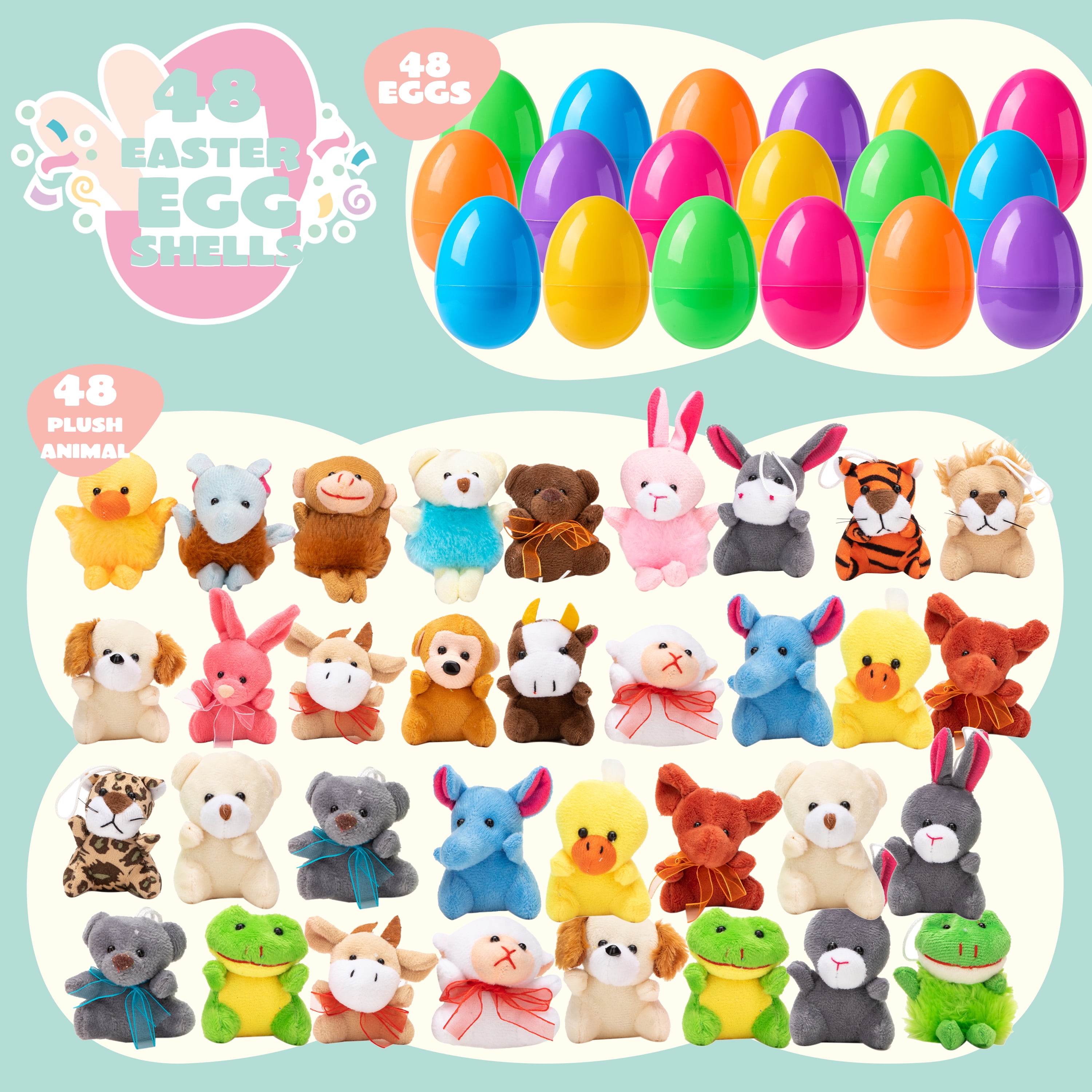 Joyfy 48 Pack Prefilled Easter Eggs with Toys,Easter Eggs with Mini Stuffed Animals Plush Toys for Kids Toddler,Easter Basket Filler Egg Hunt Filler Stuffer