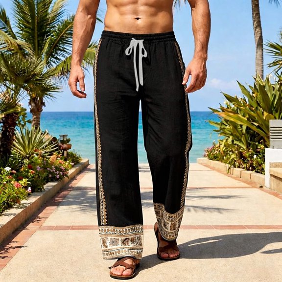 SGFCWSX Mens Harem Pants Elastic Waist Drawstring Print Loose Pockets Boho Hippie Beach Yoga Casual Pants Black Size 2XL