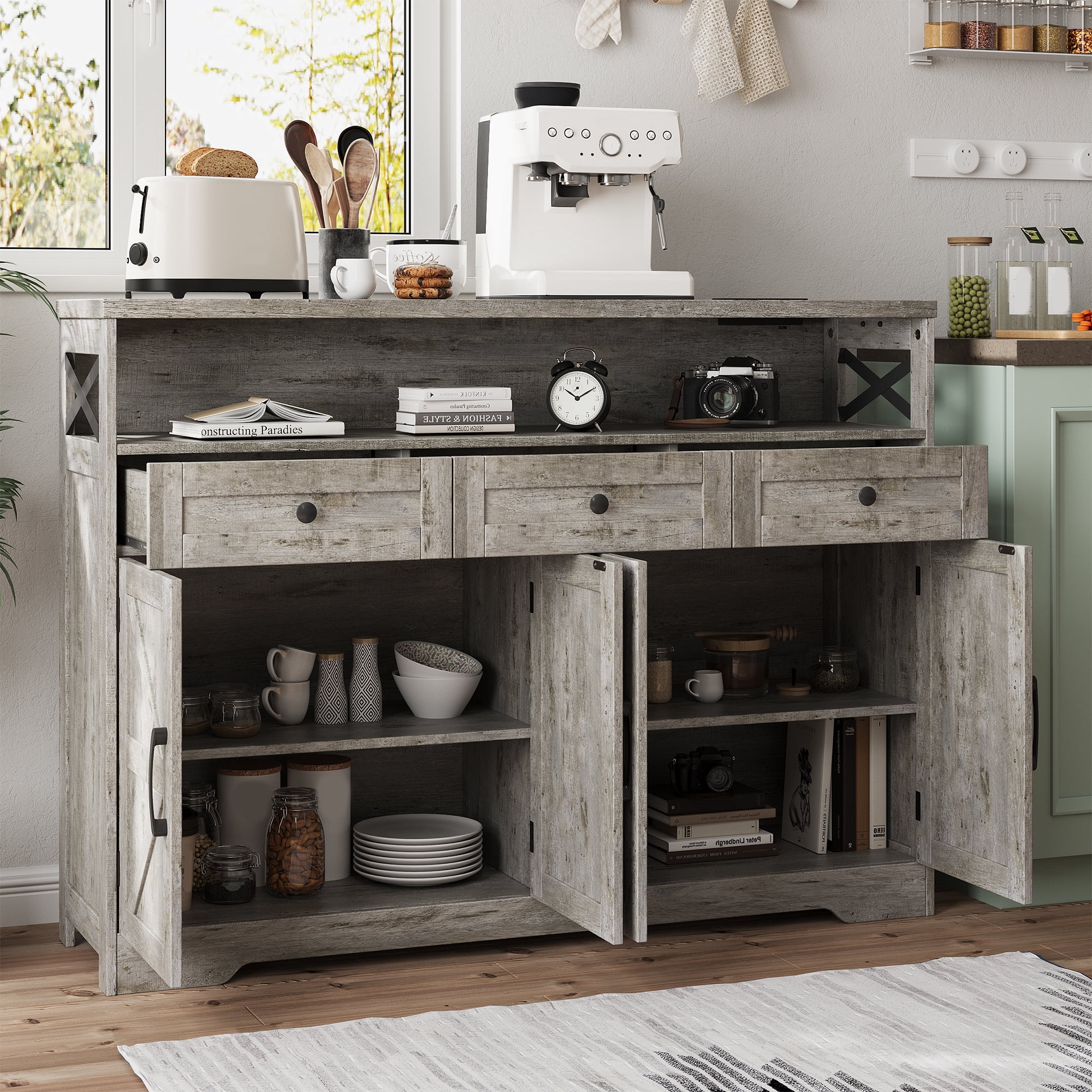 Veanerwood 52" L Farmhouse Buffet Cabinet with Drawers, Sideboard with Storage, Kitchen Pantry Cabinet Hutch for Kitchen, Dining Room, Livingroom, Grey