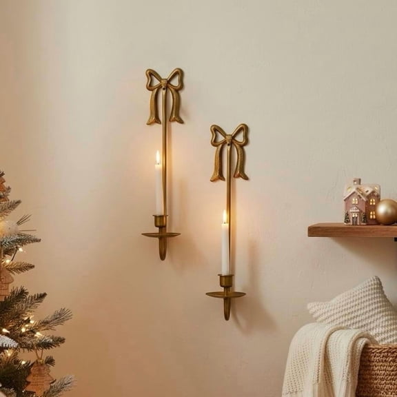 2PCS Vintage Gold Bow Candle Holders Tutuviw Wall Mounted Tapered Candle Sconce Modern Bow Design Candle Holder Wall Decor for Living Room Bedroom and Hallway