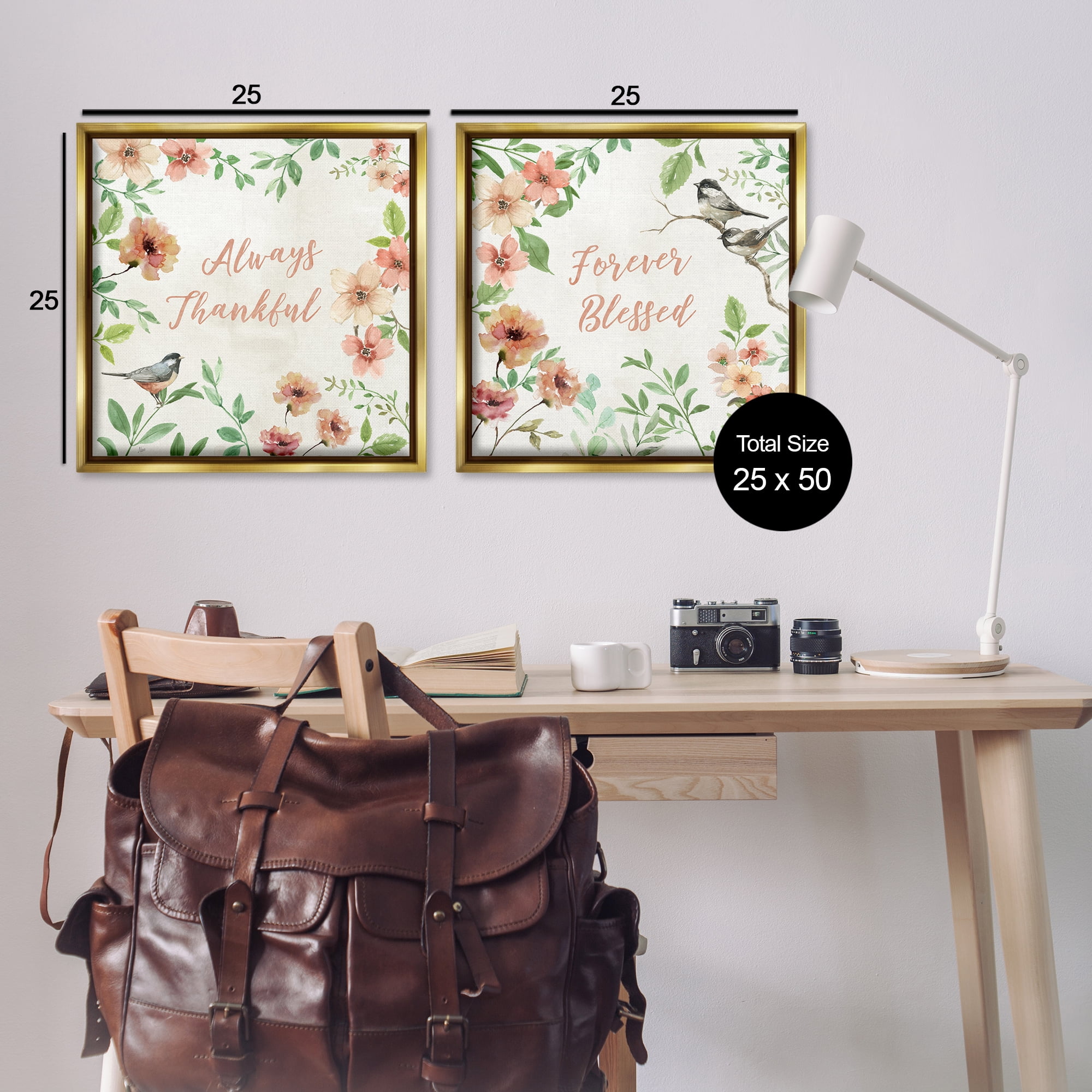 Stupell Industries Always Forever Bird Plants & Flowers Painting Gold Floater Framed Canvas Art Print Wall Art, 25 x 25, Set of 2