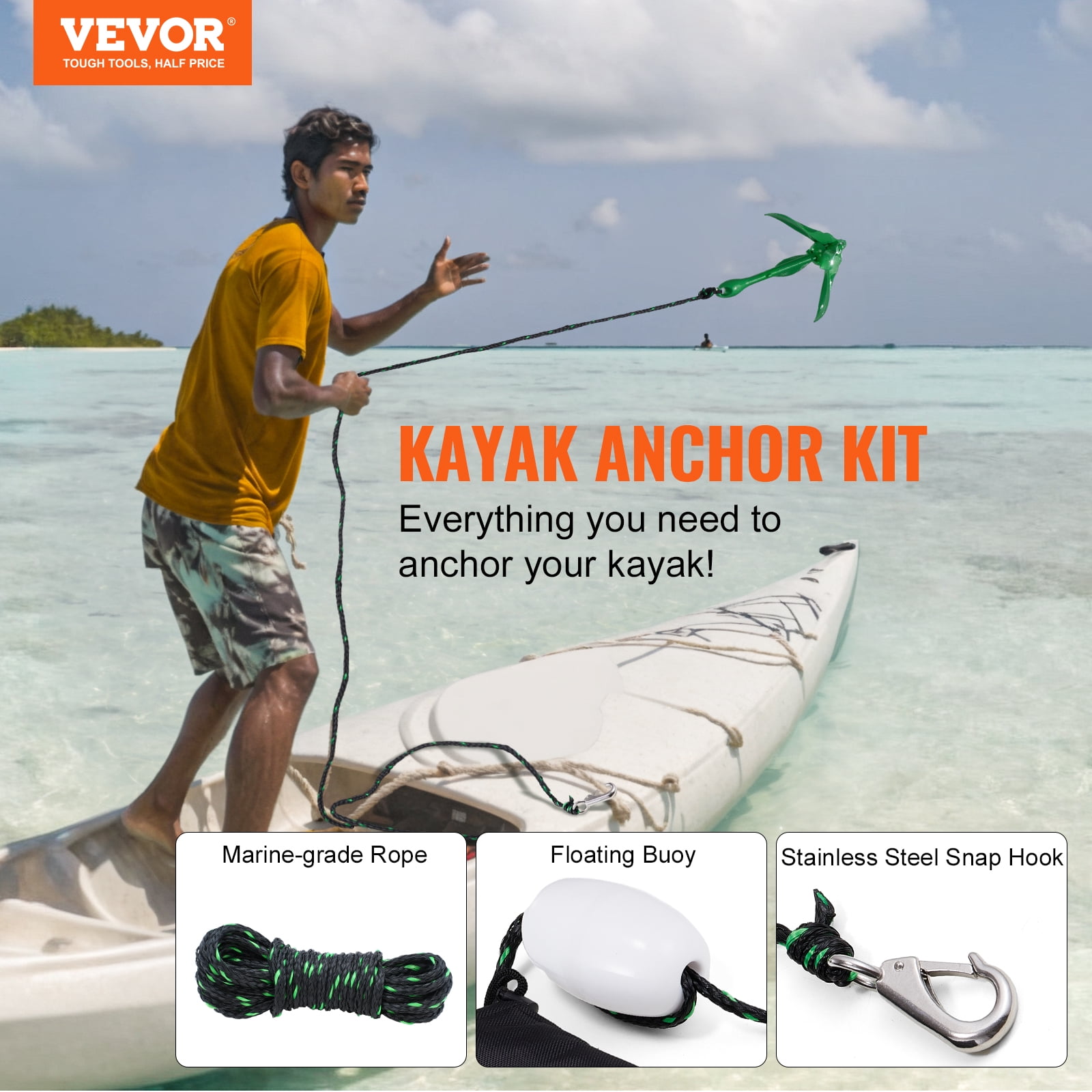 VEVOR Kayak Anchor Kit, 3.5 lb. Paddle Board Anchor Kit with 26.2 ft./8 m Rope and Buoy, Folding Small Boat Anchor with Storage Bag and Snap Hook, Kayak Accessories