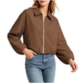 thumbnail image 4 of Tdoqot Womens Cropped Bomber Jackets- Casual Lightweight Trendy Zip Up Long Sleeve Fall Track Jacket Brown Size M, 4 of 8