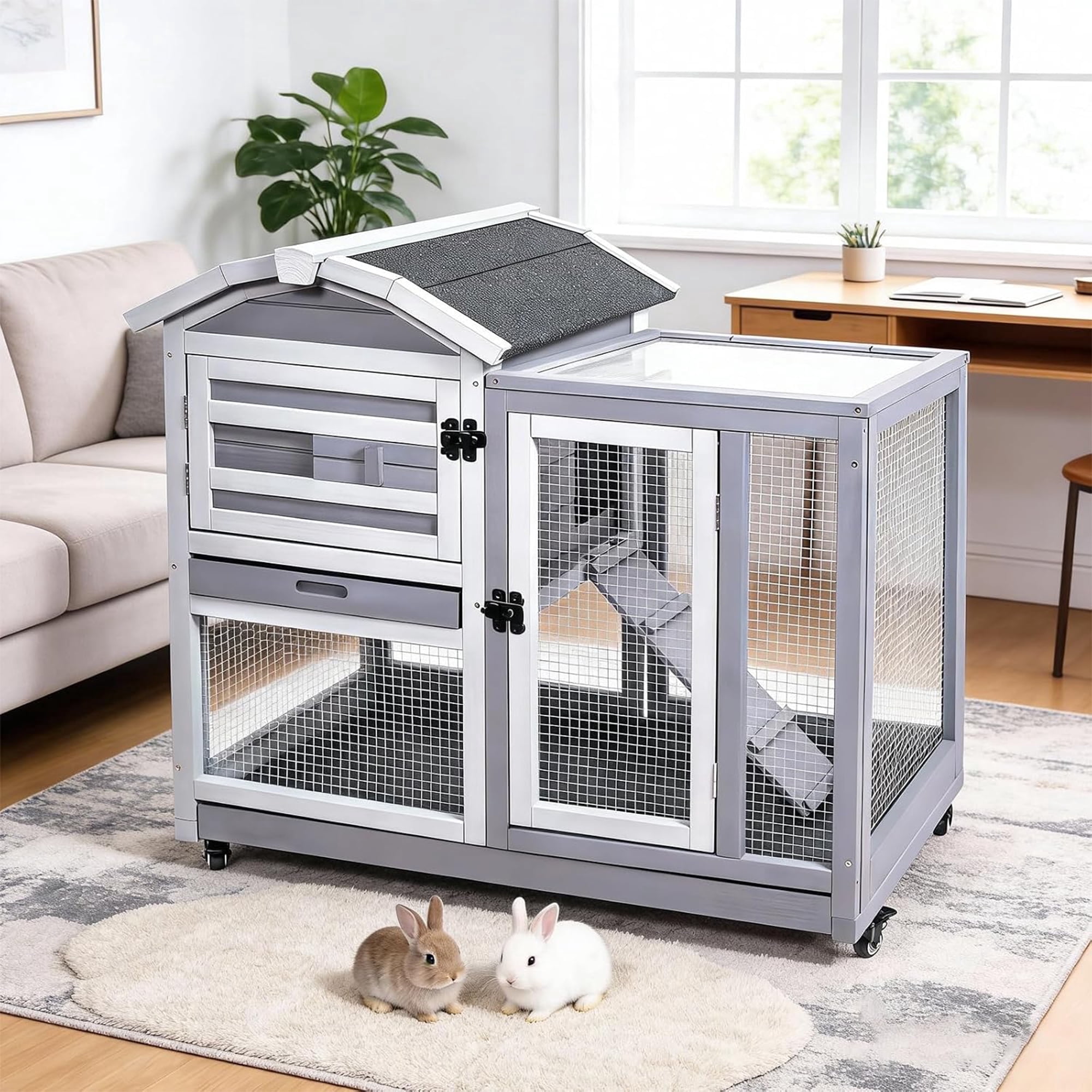 Artmeer Rabbit Hutch Indoor Rabbit Cage Outdoor, Wooden Bunny Cages for Guinea Pig with Wheels, Removable Tray, Ramp