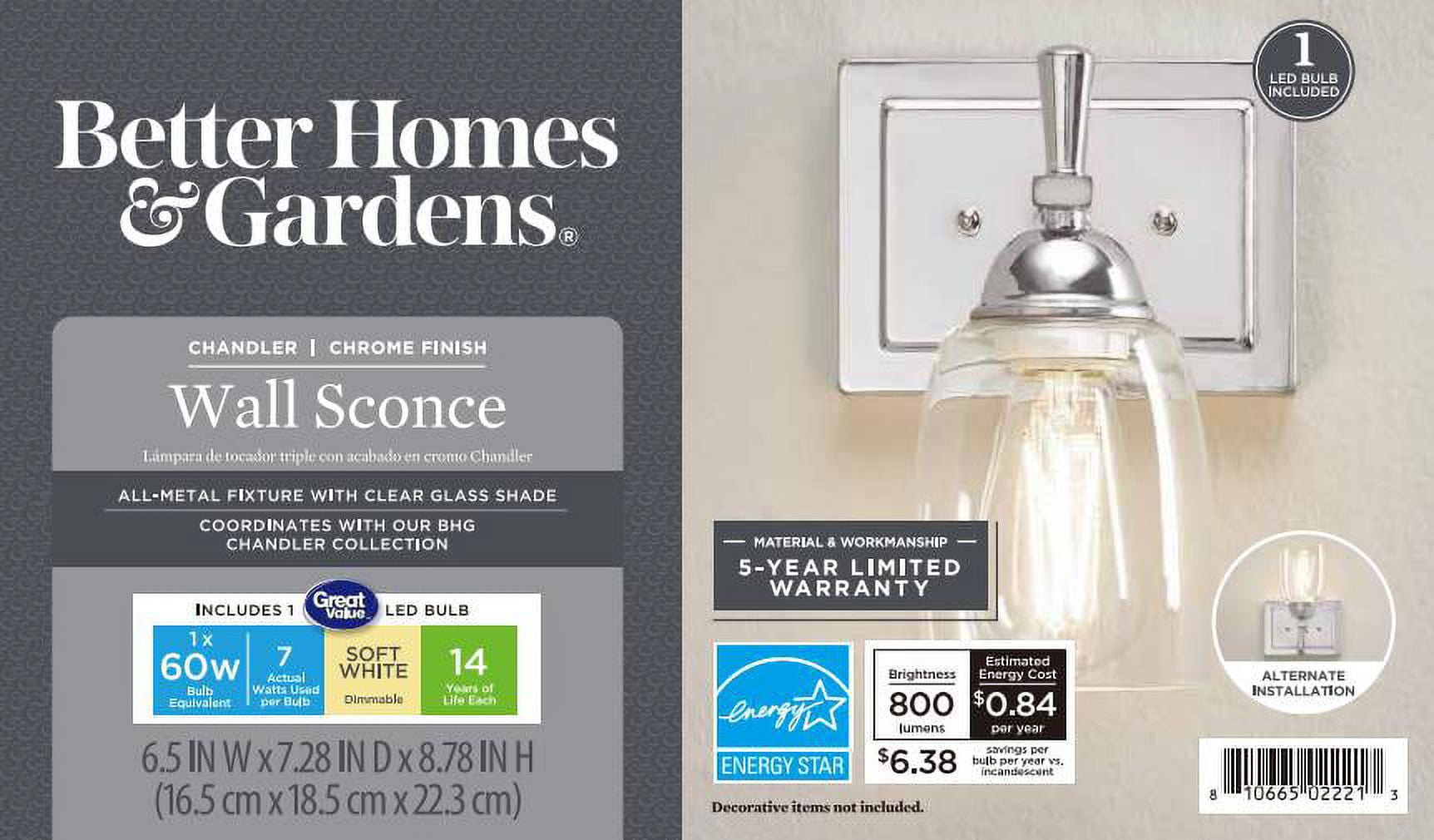 Better Homes & Gardens Chandler Industrial 1-Light Indoor Wall Sconce, Chrome