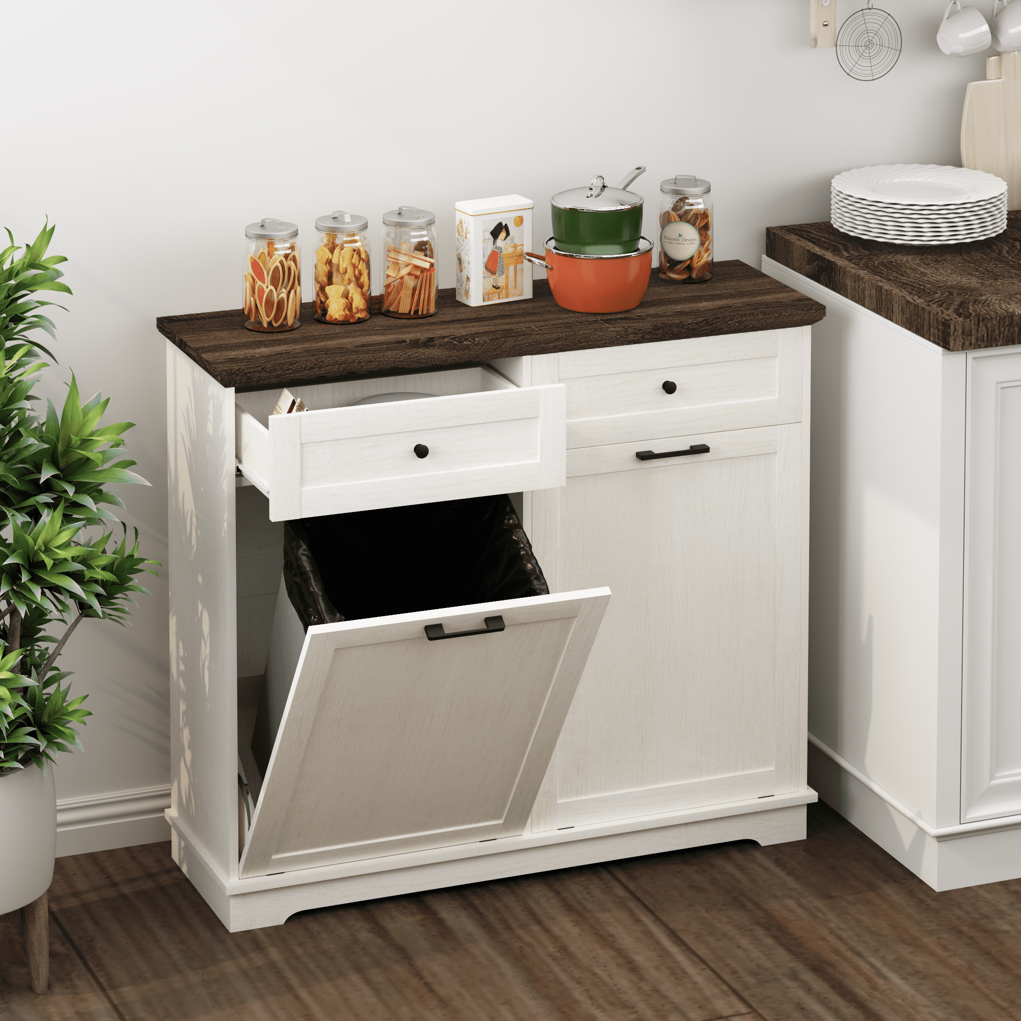Tilt Out Trash Cabinet Freestanding Trash Bin Cabinet Wood Garbage Recycling Cabinet with Drawer Pet Proof Trash Can Holder for Kitchen Living Room, Antique White (Not include trash can)