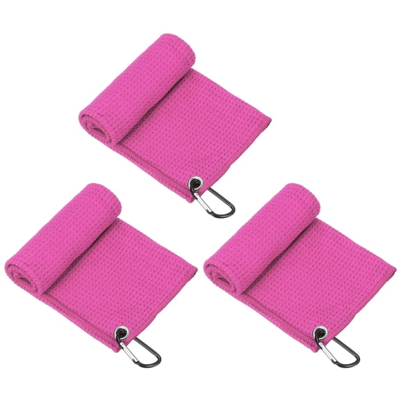 Uxcell Golf Towels, Golf Towel with Clip Waffle Pattern Tri-fold Portable Cleaning Accessories 3 Pack Hot Pink