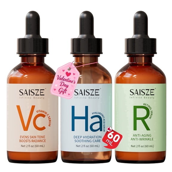 SAISZE Retinol Serum, Vitamin C Serum & Hyaluronic Acid Serum Set, Face Serum for Day & Night Skincare Routine, Firming & Hydrating, Valentine’s Day Gift Sets for Her, 2 fl oz × 3