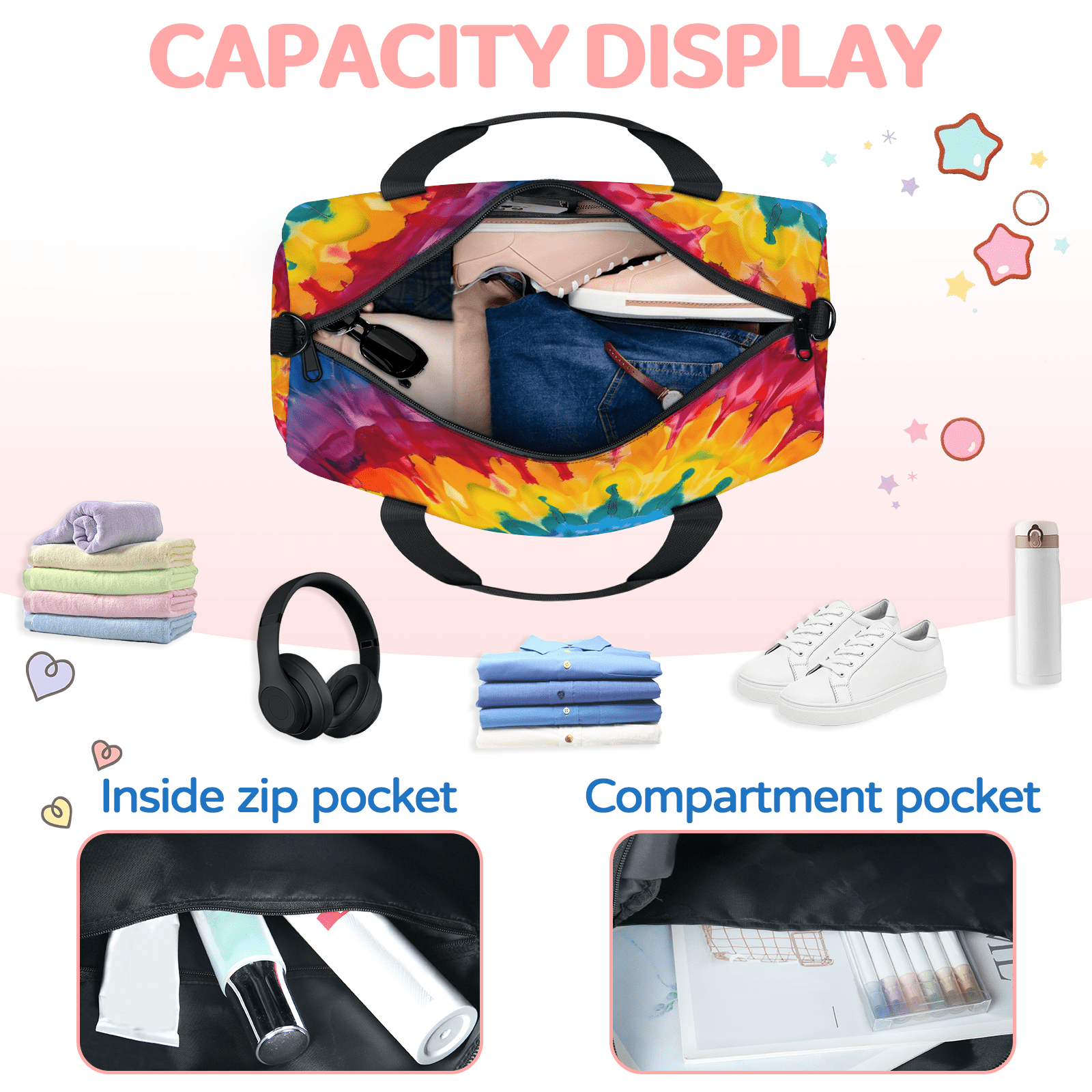 Herdesigns Bohemian Tie Dye Travel Duffle Bag Sports Yoga Weekender Overnight Carry on Workout Bags Lightweight Waterproof Gym Tote Bag for Women