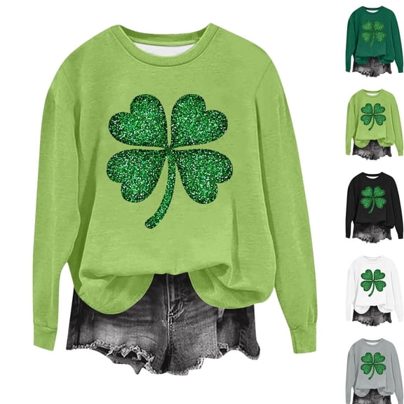 LEKWK St Patricks Day Shirt Women Sparkly Print Crewneck Sweatshirts Long Sleeve Graphic Tees Green Glitter Effect Clover Outfits