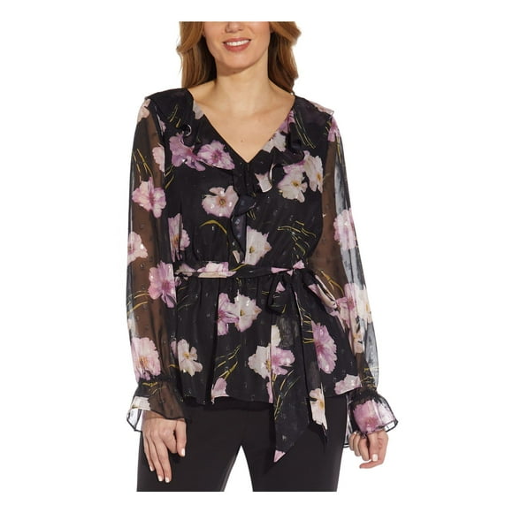 Adrianna Papell Womens Black Sheer Ruffled Floral Balloon Sleeve V Neck Wear to Work Top 4
