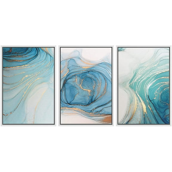 wall26 Framed Canvas Print Wall Art Set Pastel Gold Blue Teal Smoke Wave Swirls Abstract Shapes Illustrations Modern Art Decorative Boho Colorful for Living Room, Bedroom, Office - 24"x36"x