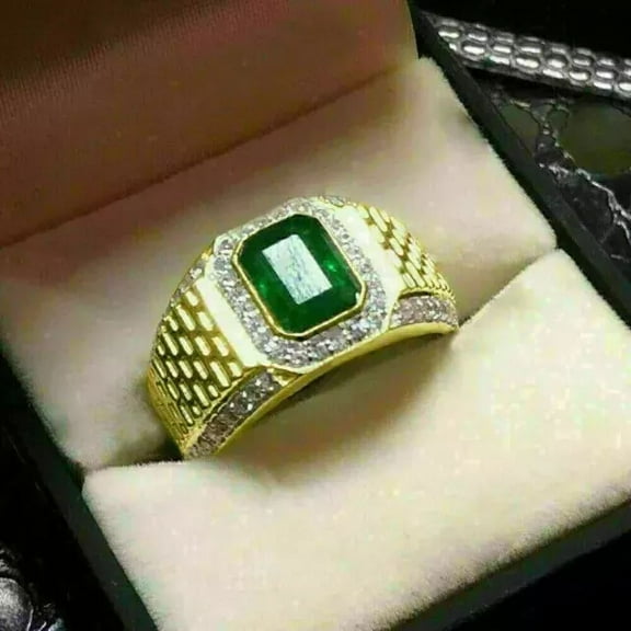 3Ct Lab-Created Green Emerald Men's Wedding Pinky Band Ring 14K Gold Plated