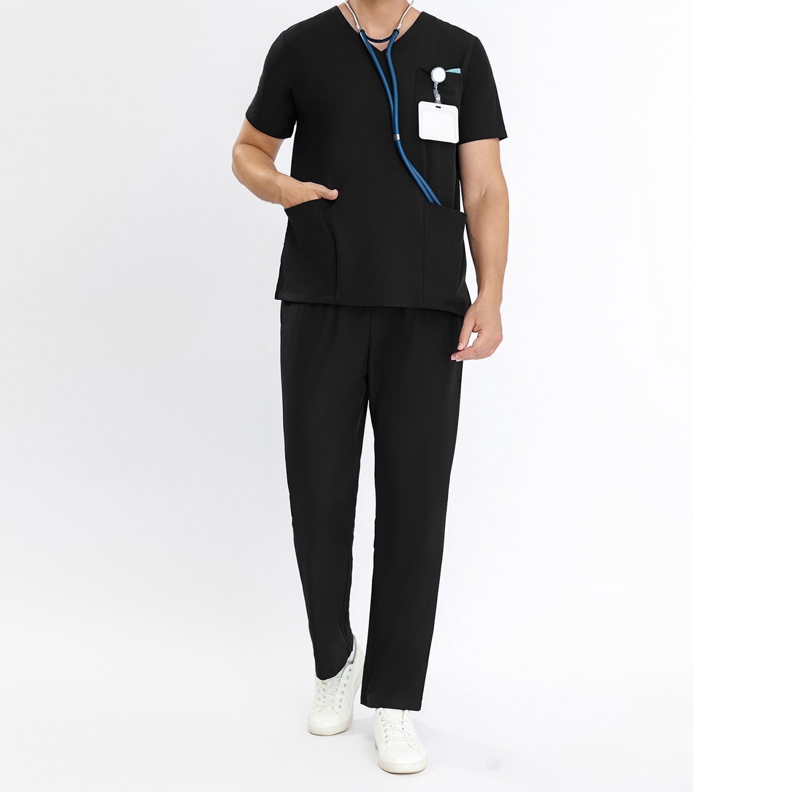 LoyisVidion Unisex Short-Sleeve V-Neck Uniform Set for Healthcare Professionals Men Working Uniform Pocket Short Sleeve Blouse+Long Pants Two-Piece Sets