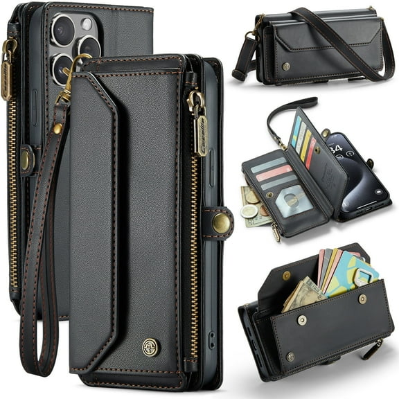 for iPhone 15 Pro Max Case Wallet【RFID Blocking】with 10-Card Holder Zipper Bills Slot, Soft PU Leather Magnetic Shoulder Wrist Strap
