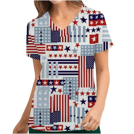 

SOOMLON United States Patriotic Women America Shirt Independence Day Print Scrubs Tops Pocket Blouse Nursing Uniform V-Neck Short Sleeve Gray M