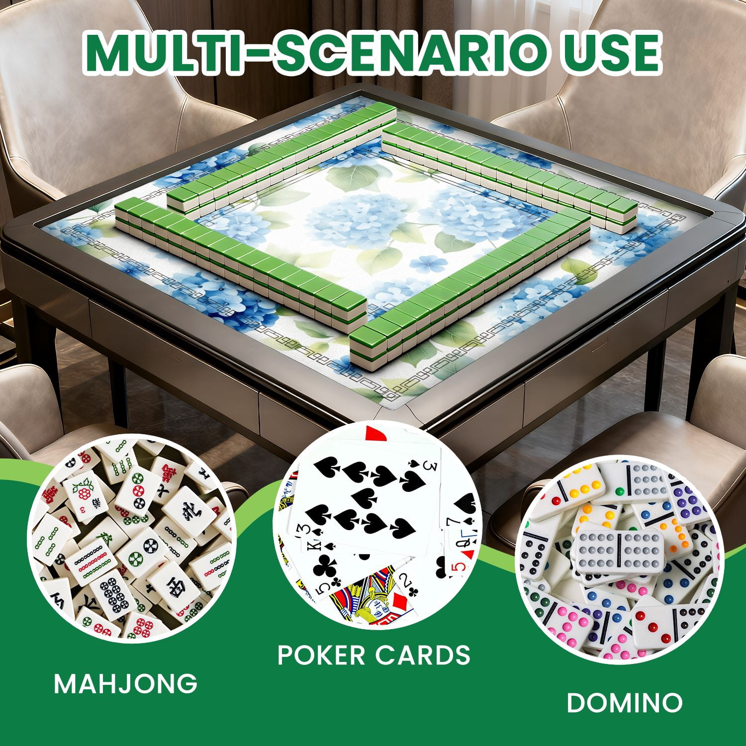 Mahjong Mat 31.5" x 31.5" Seamless watercolor blue hydrangea leaves floral Non-Slip Noise Reduction American Mahjong Tiles Table Cover for Dominoes Poker Card Board Games Gift