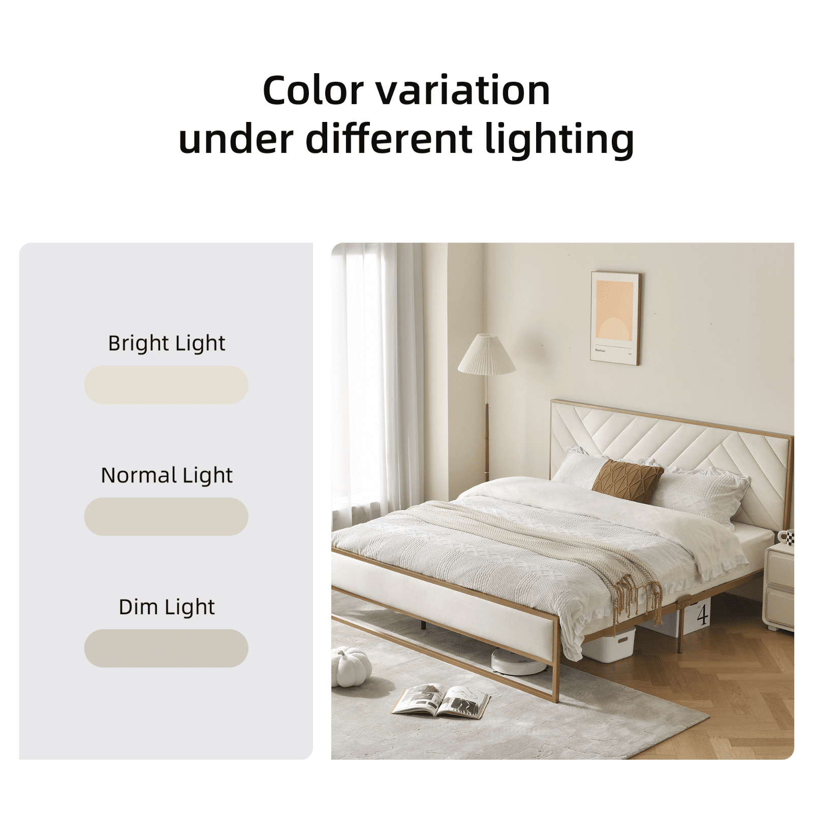 Full Size Bed Frame, Golden Metal Platform Bed Frame with Velvet Upholstered Headboard, Beige
