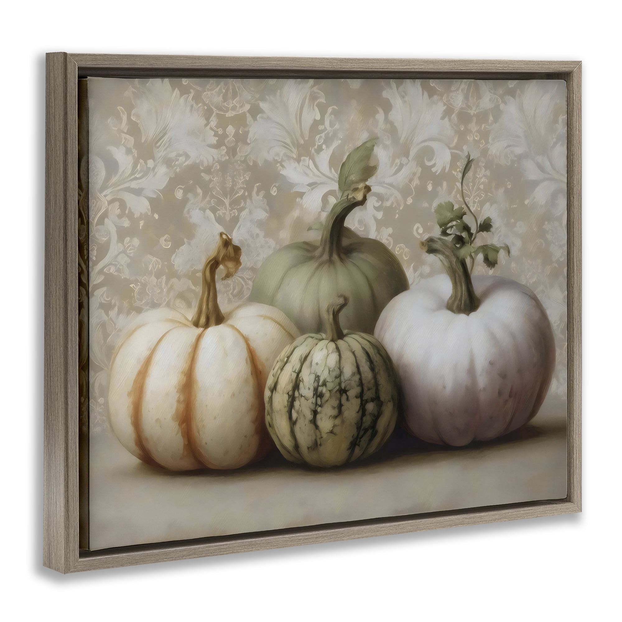 Stupell Industries Pastel Gourds on Vintage Pattern Brown Framed Floater Canvas Wall Art, design by Arlington Prints