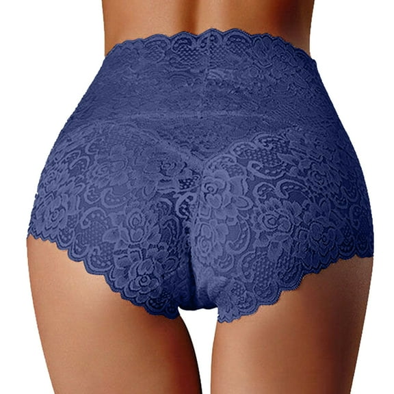 LUOGENLI Multi‑Color High‑Waist Lace Panties, Womens Hollow‑Out Scalloped Briefs, Plus‑Size Tummy‑Control Underwear With Cotton Crotch Navy M