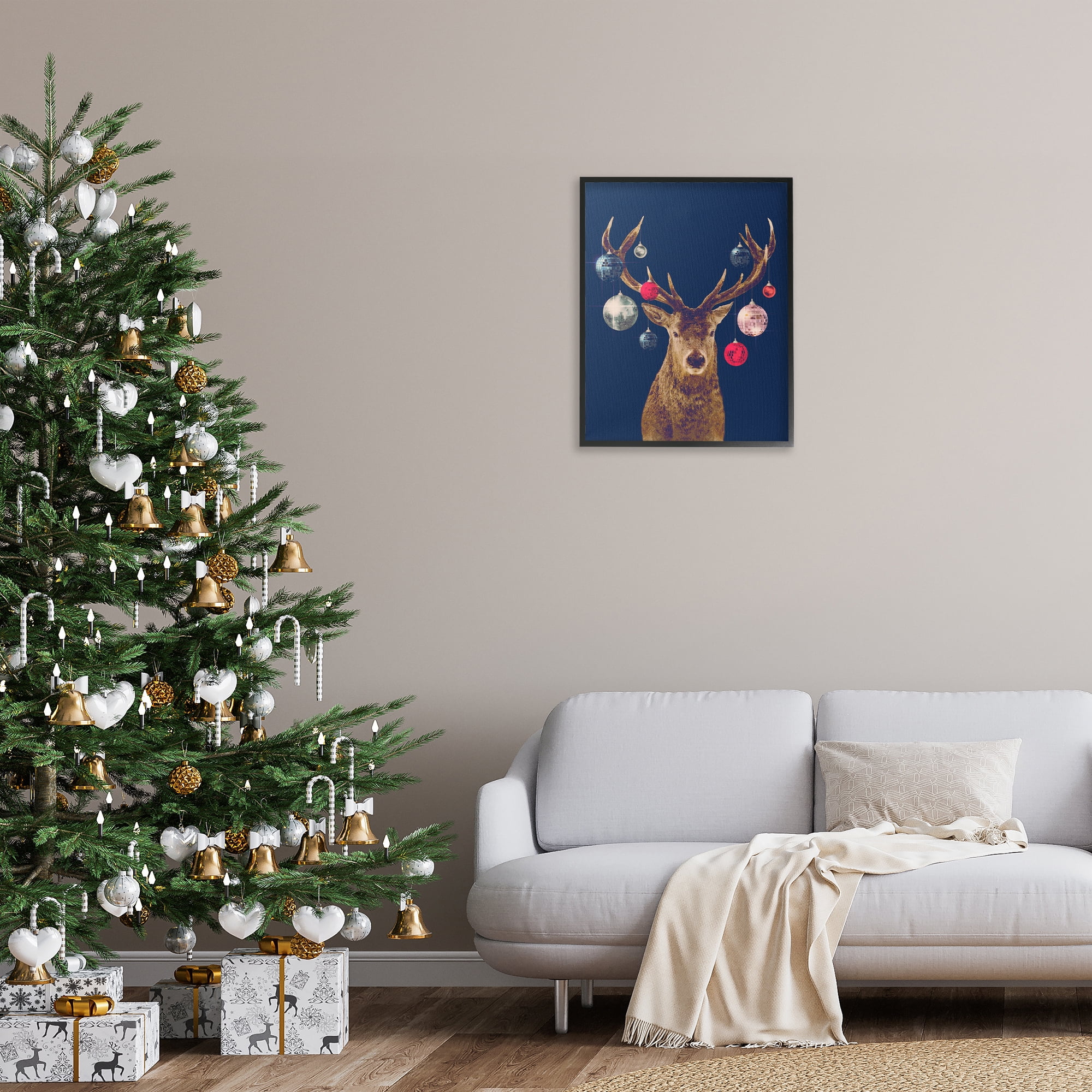 Stupell Industries Deer & Shining Ornaments Holiday Painting Black Framed Art Print Wall Art, 24 x 30
