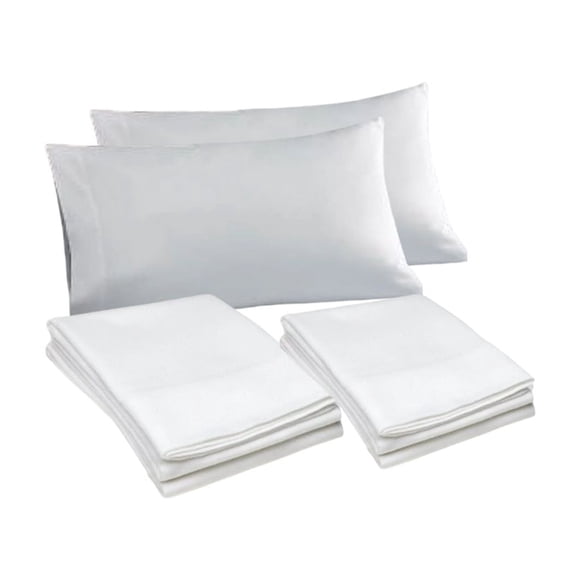 Hotel Bed Linens 4pc Set QUEEN size Bed Fabric TC-300 Sateen Finish Luxury Plain Cotton-Poly color WHITE (contents Flat Sheet 92"x120" + Fitted Sheet 60"x80"x15" + Pillowcases QUEEN 21"x36")