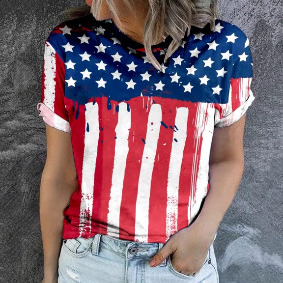 Lilgiuy Women's American Flag Tee Summer Round Neck Printed T-Shirts Casual Short Sleeve Lightweight Blouse