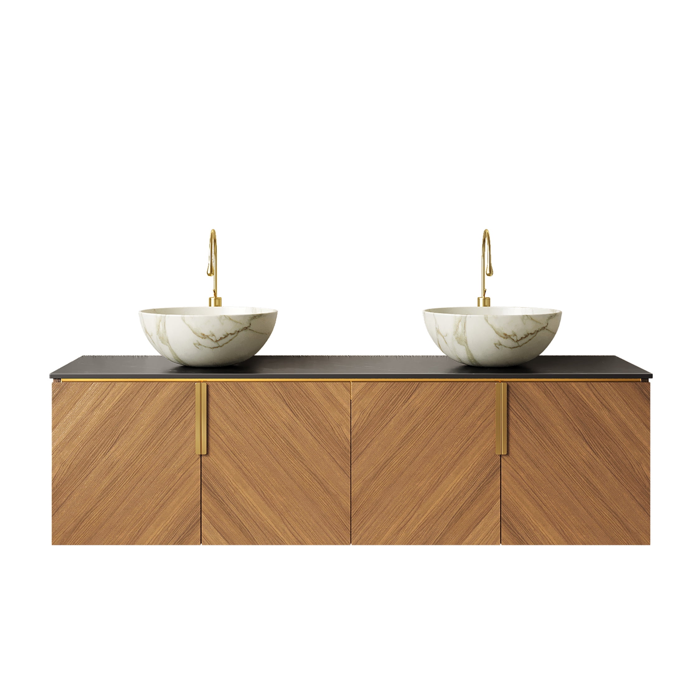 Noble House ARAI 60" Floating Double Bathroom Vanity, Sintered Stone Top Cabinet with Dual White Bowl Sink, Oak