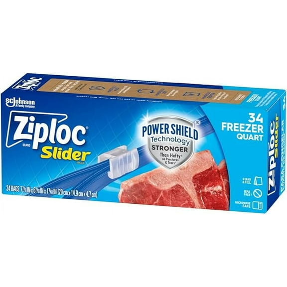 Ziploc Quart Food Storage Freezer Slider Bags, Power Shield Technology for More Durability, 34 Count