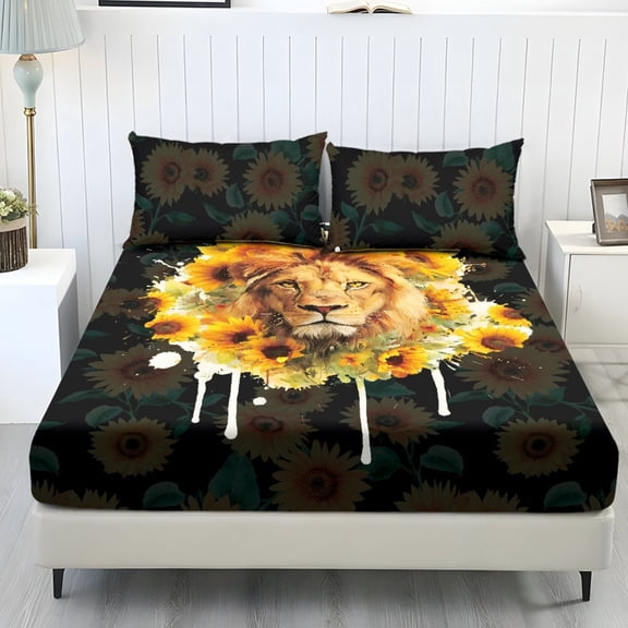 COEQINE Twin Sheet Set Soft Fade Resistant 3 Pieces Bed Sheets Set All Around Elastic Fitted Bedsheet & Pillowcases Home Decor for Twin Size Bed, Lion Sunflower Splash