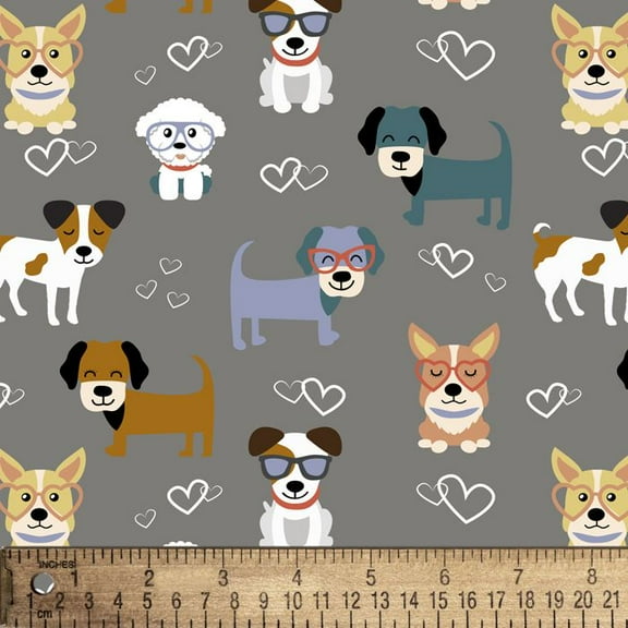 Cotton Good Puppy Love Puppies Dogs Hearts Gray Fabric Print by Yard D763.93