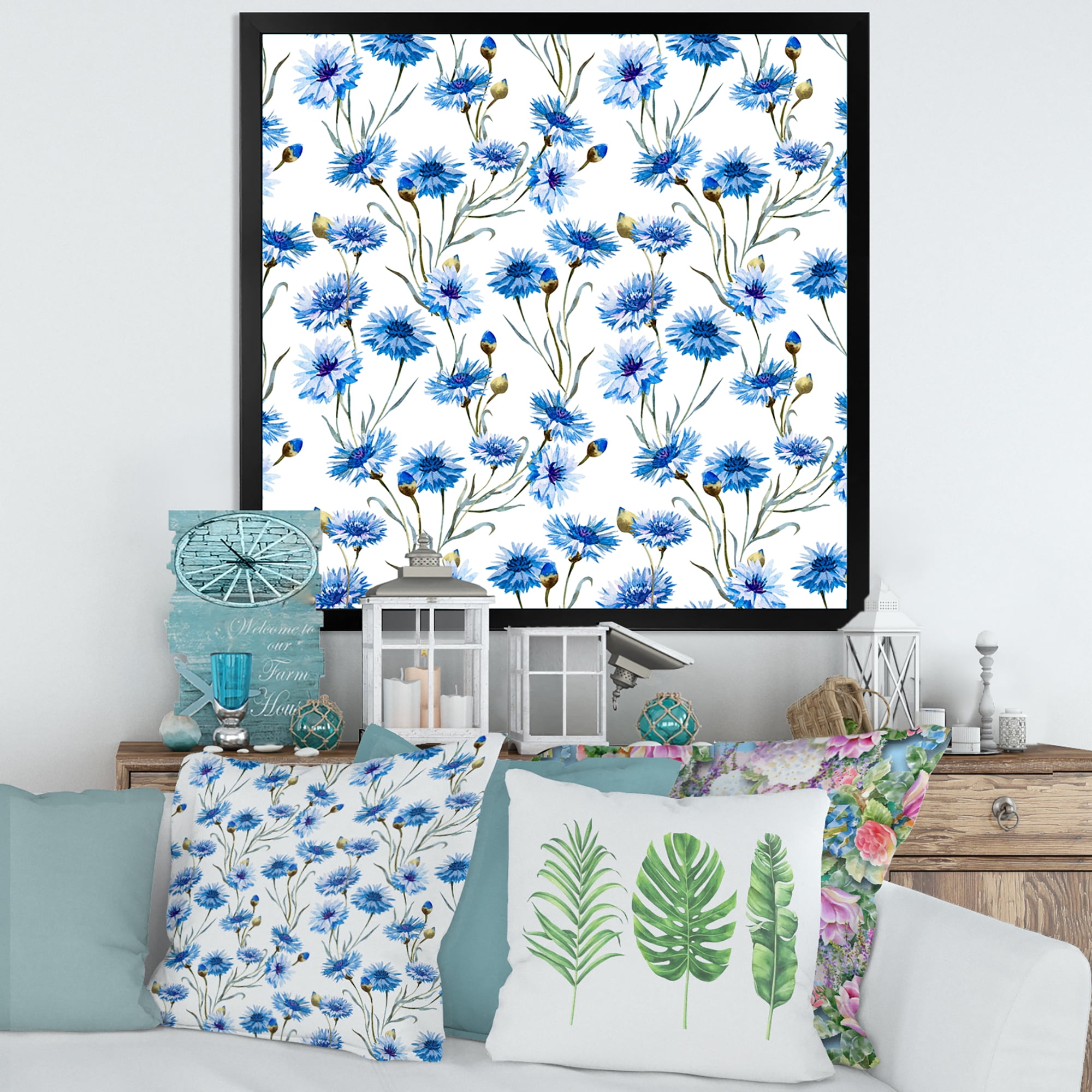 Designart 'Blue Cornflowers With Green Leaves On White II' Traditional Framed Art Print