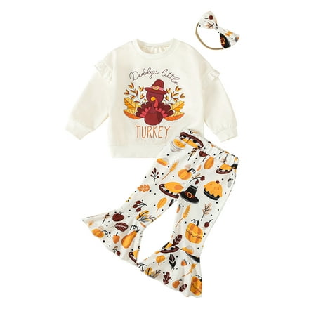 

GXFC Toddler Girl Thanksgiving Outfits Set Clothes 6M 1T 2T 3T 4T Kids Girls Long Sleeve Turkey Print Sweatshirt+Flare Pants +Headband 3Pcs Thanksgiving Clothing for Children Girl