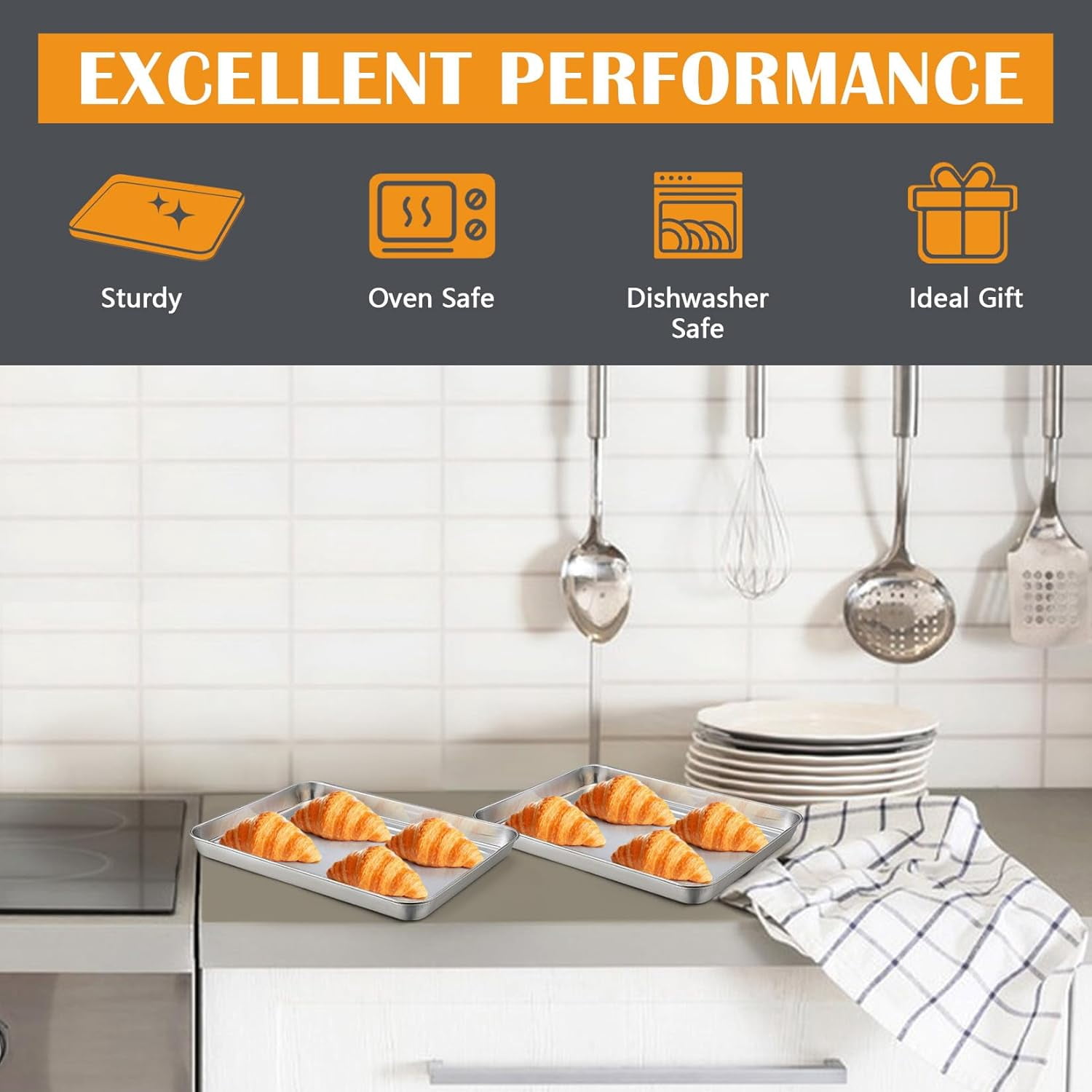 PandaTop Stainless Steel Baking Pans,Cookie Sheet,Toaster Oven Pan,Fruit Pallets,Barbeque Grill Pan(12.2x9.5x0.98inch) 2Pcs,Dishwasher Safe